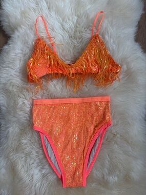 Sequin Fringe Neon Orange Bikini Set